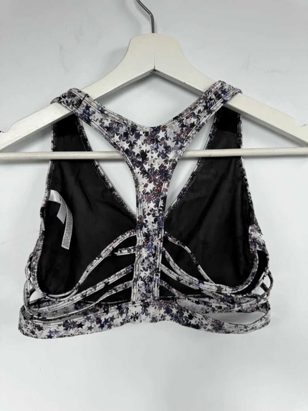 Victoria Sport Strappy Back Sports Bra with Blue Purple White Star Pattern Sz M